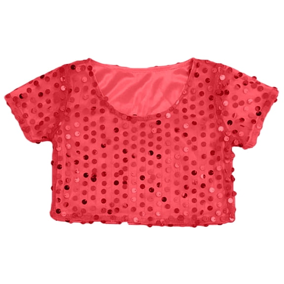 WhouRiu Little Girl' T Shirt Glitter Sequin Short Sleeve Crop Tshirt Children Stage Singing Dancing Show Elastic Tee Red,Sized 3-8