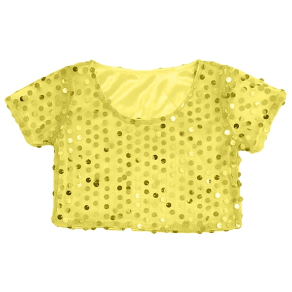 WhouRiu Little Girl' T Shirt Glitter Sequin Short Sleeve Crop Tshirt Children Stage Singing Dancing Show Elastic Tee Yellow,Sized 3-8