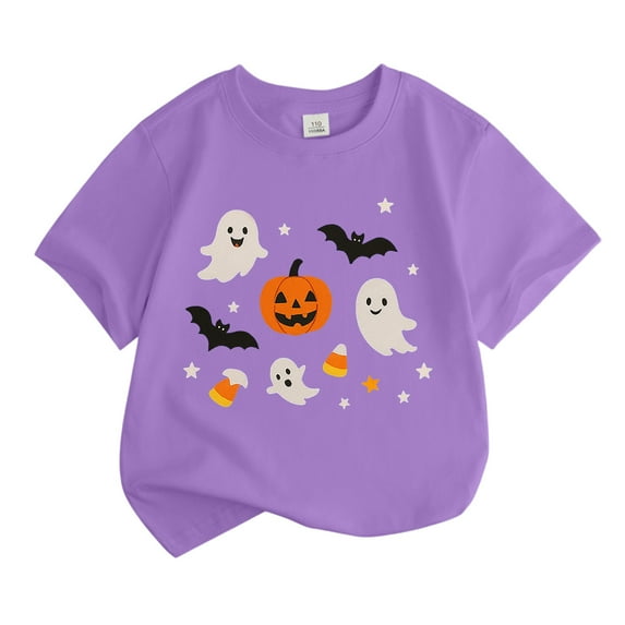WhouRiu Little Girl T Shirt Halloween Cartoon Print Short Sleeve Tshirt Kids Fashion Party Holiday Casual Tee Purple,Sized 5-6