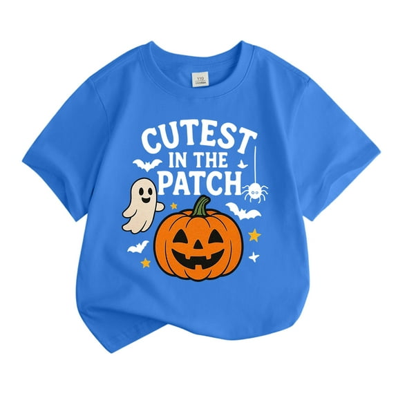 WhouRiu Little Girl T-Shirt Halloween Pumpkin Prints Short Sleeve T Shirt Child Holiday Party Loose Cozy Tees Blue,Sized 5-6