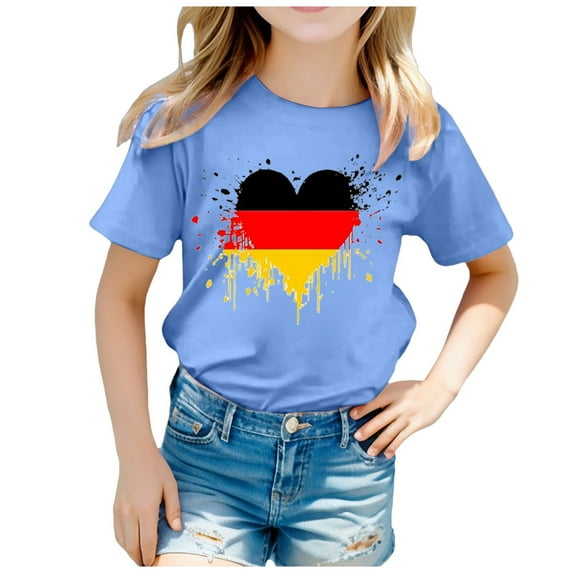 WhouRiu Little Girl' T Shirts Love Print Short Sleeve Casual Shirt Child Fashion Summer Clothes Blue,Sizes 6-7