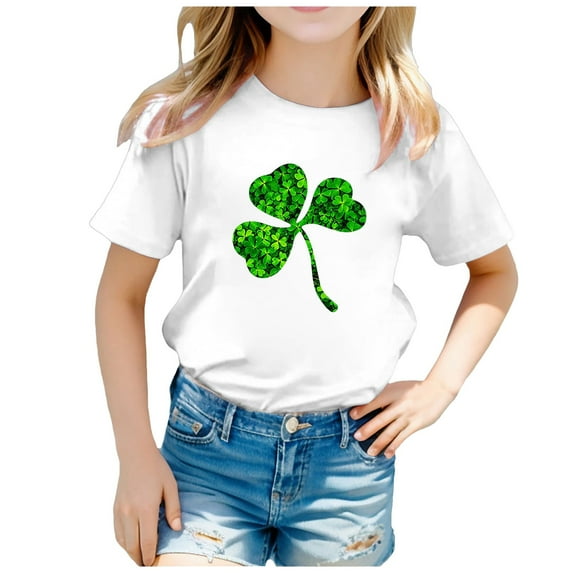 WhouRiu Little Girl' T Shirts Paddy'S Day Clover Print Short Sleeve T Shirt Child Summer Casual Tops White,Sizes 6-7