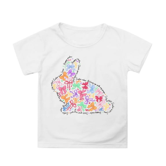 WhouRiu Little Girl T Shirts Short Sleeve Easter Bunny Prints Tshirts Kids Cute Summer Tops White,Sizes 6-7