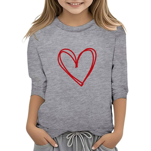 WhouRiu Little Girl' T Shirts Valentine'S Day Print 3/4 Quarter Sleeve Tshirts Kids Fashion Comfy Tops Gray,Sizes 5-6