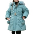 thumbnail image 1 of WhouRiu Little Girl' Winter Coat Warm Thickened Hooded Quilted Coat with Belt Kids Lined Long Puffer Coats Blue,Sized 5-6, 1 of 4