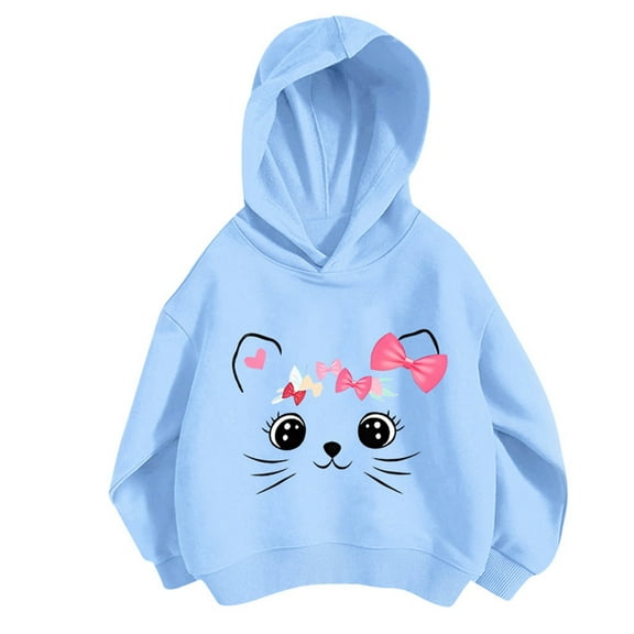 WhouRiu Little Girl's Hooded Sweatshirt Cute Cat Print Long Sleeve Hoodie Kids Streetwear Soft Cozy Pullover Hoodies Blue,Sized 5-6