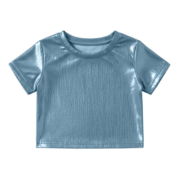 WhouRiu Little Girl's Tshirt Sequins Short Sleeve Crop T Shirt Children Holiday Party Cozy Dancewear T Shirts Blue,Sized 5-6