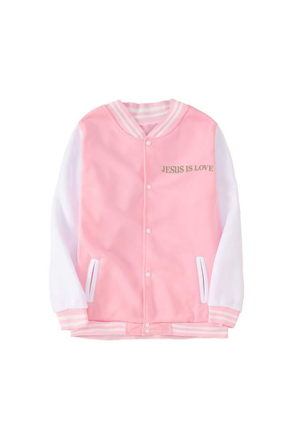 Little Girls' Bomber Jacket Letter Printed Stand Collar Jacket Children Loose School Athletic Fall Jackets Pink,Sized 5-6