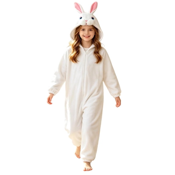 WhouRiu Little Girls Bunny Onesie Fluffy Hooded Zip Up Jumpsuit Soft Holiday Party Dress Up