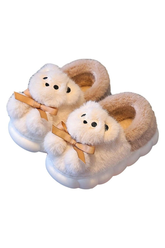 Little Girls Cozy Slippers Winter Bear Character-Head Insulation Warm Thick Platform Soft Sole Indoor Scuff Shoes Beige Little Child10