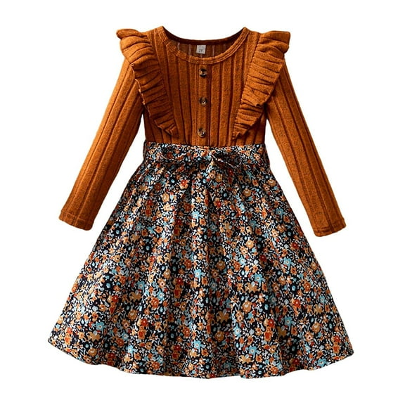 WhouRiu Little Girls' Dress Elegant Floral Print Knit Long Sleeve Dress Child Vintage Holiday Autumn Winter Dresses Brown,Sized 5-6