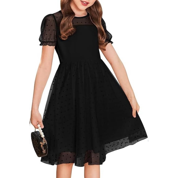 WhouRiu Little Girls' Dress Fashion Short Sleeve Mesh Dress Child Summer Elegant Party Princess Tulle Dresses Black,Size 5-6 Y