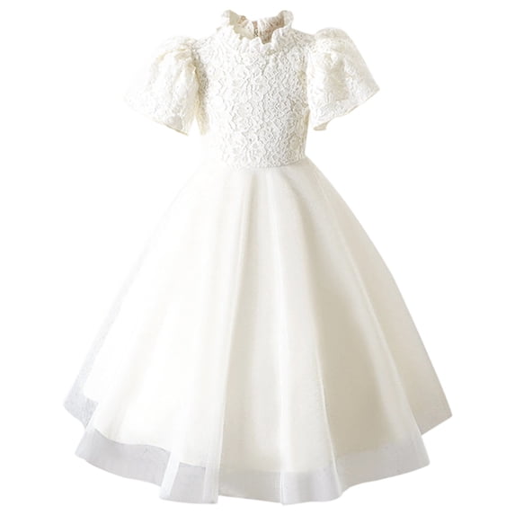 WhouRiu Little Girls Dresses Lace Embroidery Puff Sleeve Birthday Gown Wedding Evening Party Princess Tulle Dress for Baby Beige,Size 5-6 Y