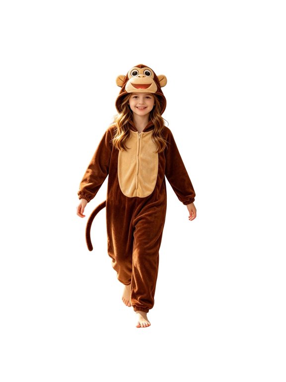 Little Girls Monkey Onesie Fleece Hooded Zip Jumpsuit Fun Role Play Party Dress Up