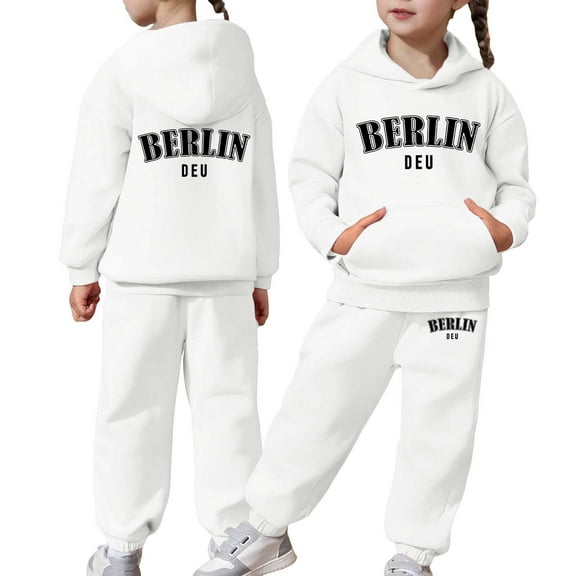 WhouRiu Little Girls Outfit Set Long Sleeve Letter Prints Hooded Sweatshirt Pants Kids Streetwear Loose Sports Autumn Outfits White,Sized 6-7