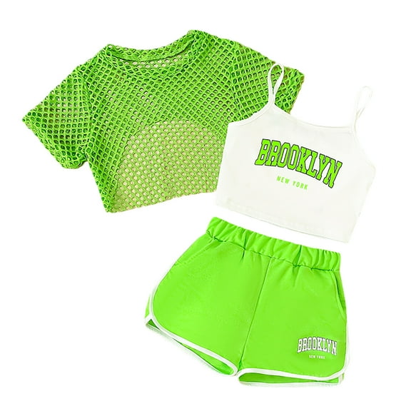 WhouRiu Little Girls Outfit Set Short Sleeve Mesh Top Tank Shorts Children Summer Sports Clothes Set Green.Sizes 5-6