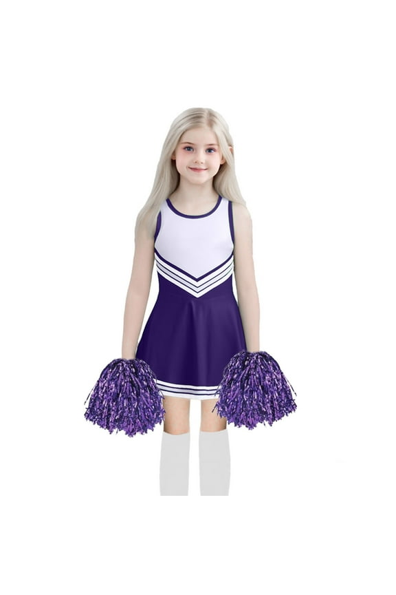 Little Girls Outfits Sleeveless Cheerleading Dresses with Stockings and Pom Poms Child Stage Party Clothes Set,3-Piece Purple.Sizes 5-6