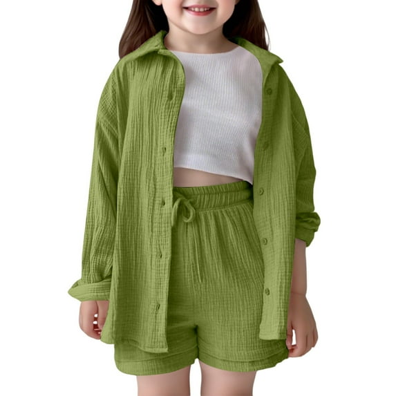 WhouRiu Little Girls Outfits Solid Long Sleeve Shirt Elastic Waist Shorts Children Spring Summer Loose Outfit Set Green,Sizes 5-6