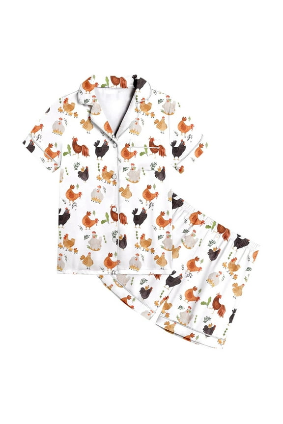 Little Girls Pajama Set Chicken Pattern Short Sleeve Button Shirt Shorts Child Sleepwear Outfits White.Sizes 6-7