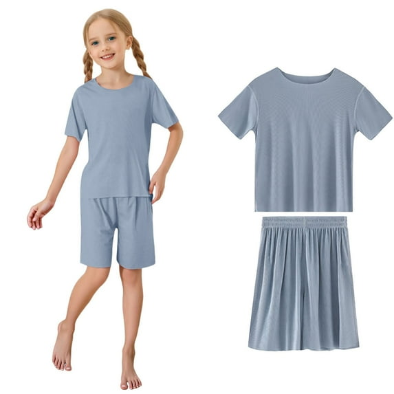 WhouRiu Little Girls' Pajamas Short Sleeve Loose T-Shirt and Shorts Kids Solid Thin Loungewear Clothes Set Blue,Sizes 5-6