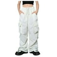 thumbnail image 1 of WhouRiu Little Girls Pants High Drawstring Elastic Waist Cargo Pants Kids Baggy Streetwear Trousers White,Sizes 5-6, 1 of 2