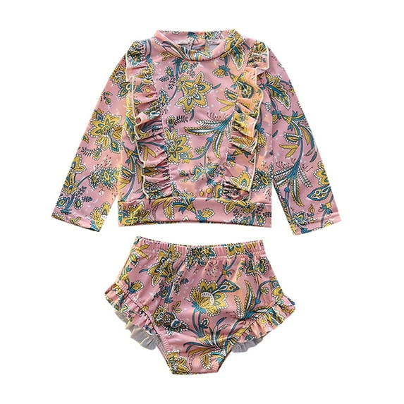 WhouRiu Little Girls Swimsuits Tropical Graphic Long Sleeve Tankini High Waist Briefs Beach Bikini Swimwear Set for Baby Pink,Size 6-7 Y