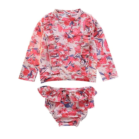 WhouRiu Little Girls Swimsuits Tropical Graphic Long Sleeve Tankini High Waist Briefs Beach Bikini Swimwear Set for Baby Pink,Size 6-7 Y