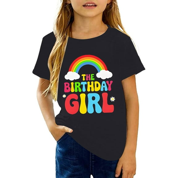 WhouRiu Little Girls T Shirt Short Sleeve Funny Cartoon Print Tee Shirt Child Comfy Breathable Tshirts Black,Sized 6-7