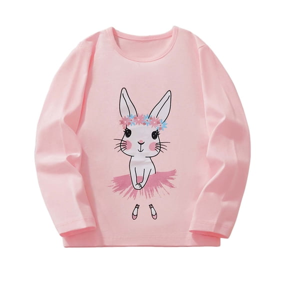 WhouRiu Little Girls' T Shirts Cute Bunny Print Long Sleeve Tee Tops Kids Loose Fall Winter Tshirts Pink,Sizes 6-7