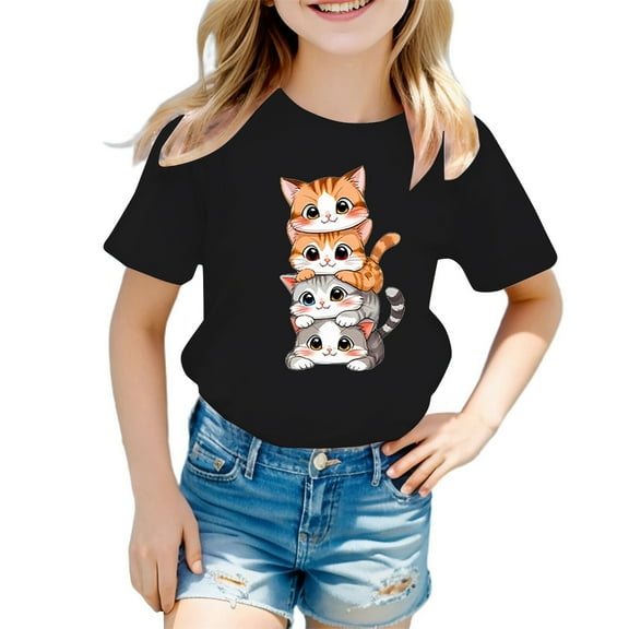WhouRiu Little Girls' T Shirts Cute Cat Printed Short Sleeve Tee Tops Child Casual Loose Basic Tees Black,Sizes 5-6