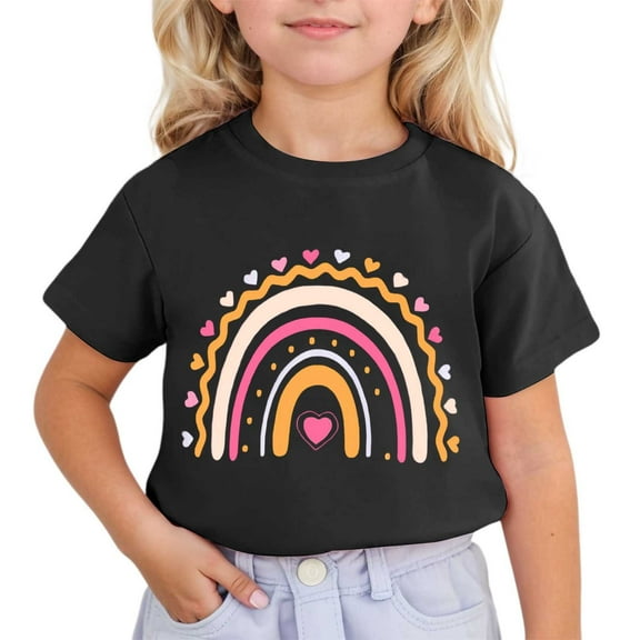 WhouRiu Little Girls' T Shirts Rainbow Print Short Sleeve Tee Tops Kids Comfy Soft Basic T-Shirt Black,Sizes 5-6