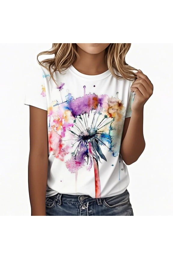 Little Girls' T Shirts Tie Dye Print Short Sleeve Tshirts Kids Fashion Summer Basic Tees White,Sizes 5-6