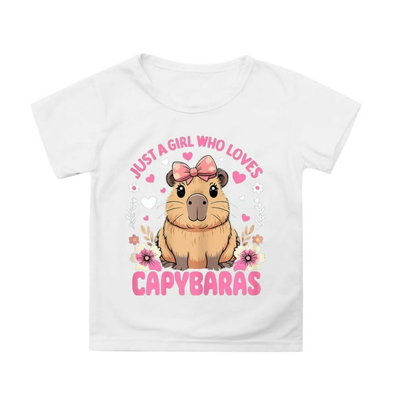 WhouRiu Little Girls' Tshirt Capybara Print Short Sleeve Tee Children Cozy Loose Sports Wear Breathable T Shirts White,Sized 6-7