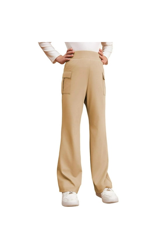 Little Girls' Uniform Pants Elastic Waist Loose Flare Trousers Kids Stretchy Loose Athletic School Uniform Pants Beige,Sized 5-6