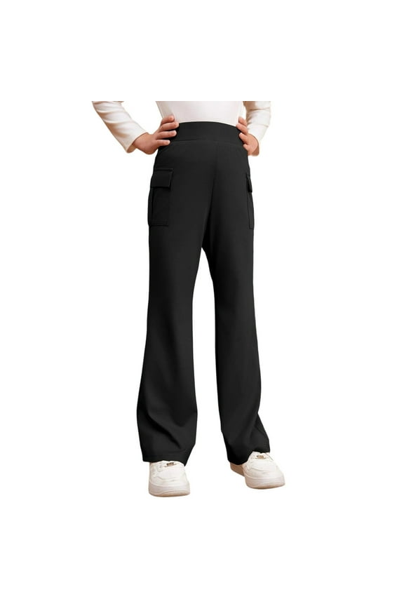 Little Girls' Uniform Pants Elastic Waist Loose Flare Trousers Kids Stretchy Loose Athletic School Uniform Pants Black,Sized 5-6