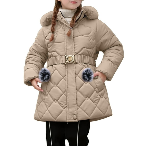 WhouRiu Little Girls Winter Coat Warm Thickened Faux Fur Hood Jacket Kids Heavyweight Windproof Outerwear Long Coats Beige,Sized 5-6