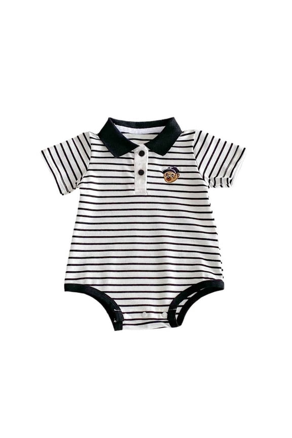 Boys' Bodysuits Short Sleeve Polo Lapel Striped Romper Child Breathable Cozy Outdoor Jumpsuits Black,Size 0-3 M