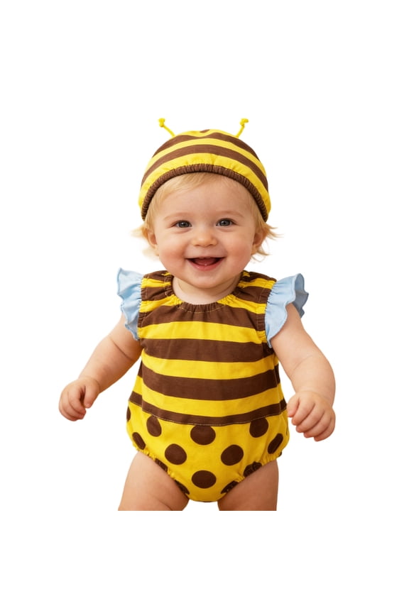 Newborn Girl Romper Cartoon Bee Pattern Ruffle Sleeve Bodysuit Children Summer Party Dance Clothes,2-Piece Yellow,Size 3-6 M