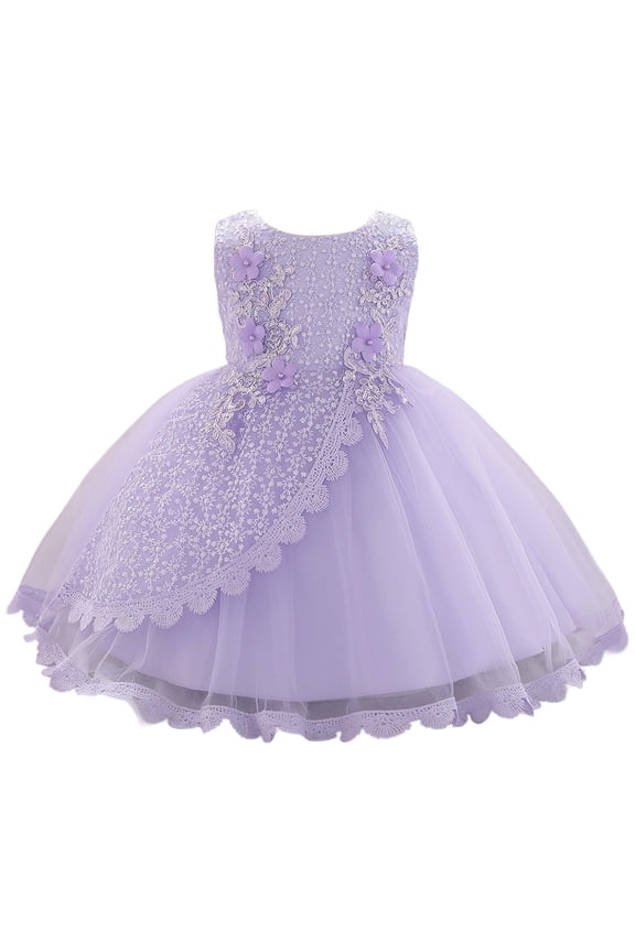 Girls Dress Lace Embroidery Sleeveless Tulle Birthday Party Dress Wedding Pageant Evening Gown for Baby Purple,Size 0-3 M