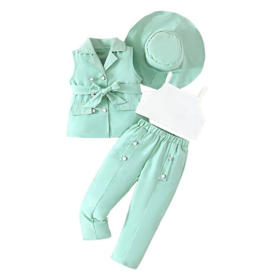 WhouRiu Outfit Set for Toddler Girl Formal Sleeveless Vest Tshirt Pants with Hat Child Elegant Spring Summer Outfits,4-Piece Green,Size 3-4 Y