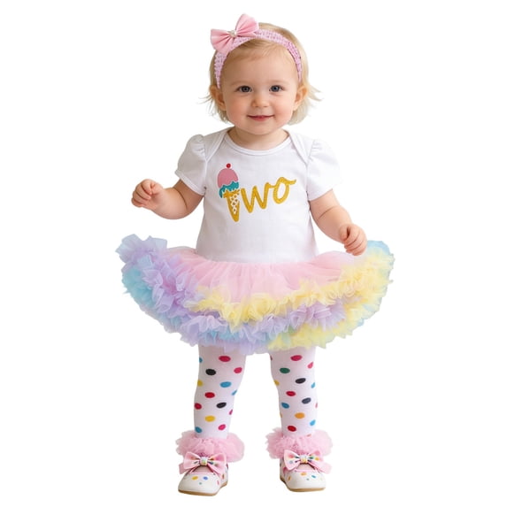 WhouRiu Outfits for Newborn Girls' Cartoon Print Short Sleeve Romper Skirts Holiday Party Outfit Set,4-Piece for Children White,Size 6-12 M