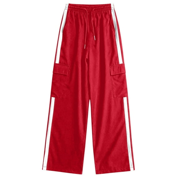 WhouRiu Pants for Big Girl Elastic Waist Wide Leg Cargo Trousers with Pockets Kids Thin Cozy Durable Sweatpants Red,Size 14-15