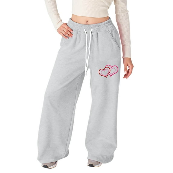 WhouRiu Pants for Big Girls Heart Print High Waist Straight Leg Baggy Sweatpants Thin Sports Spring Pants for Gray,Size 13-14 Y