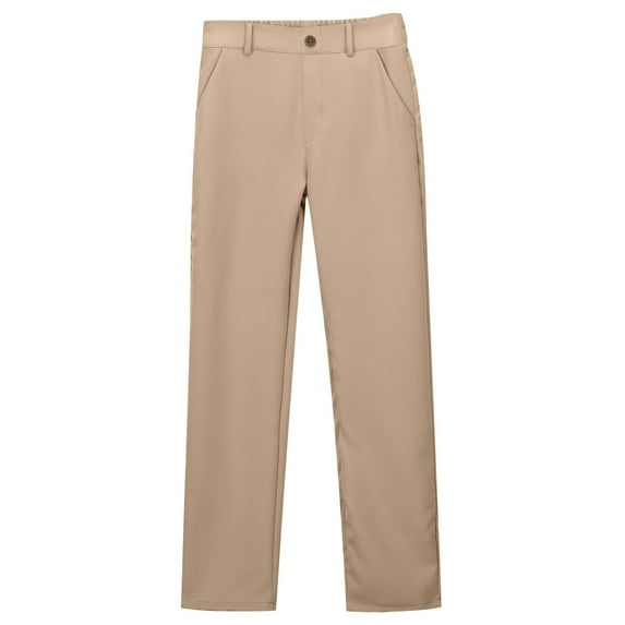 WhouRiu School Pants for Big Girl Flat Front Straight Leg Trousers Comfortable Stretchy Spring Uniform Pants for Teen Beige,Size 9-10