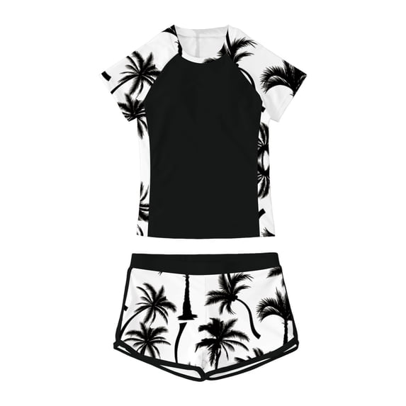 WhouRiu Swimwear Set for Big Girls' Tropical Print Short Sleeve Top with Shorts Two Piece Swimsuit for Beach Pool Black,Size 8-9 Y