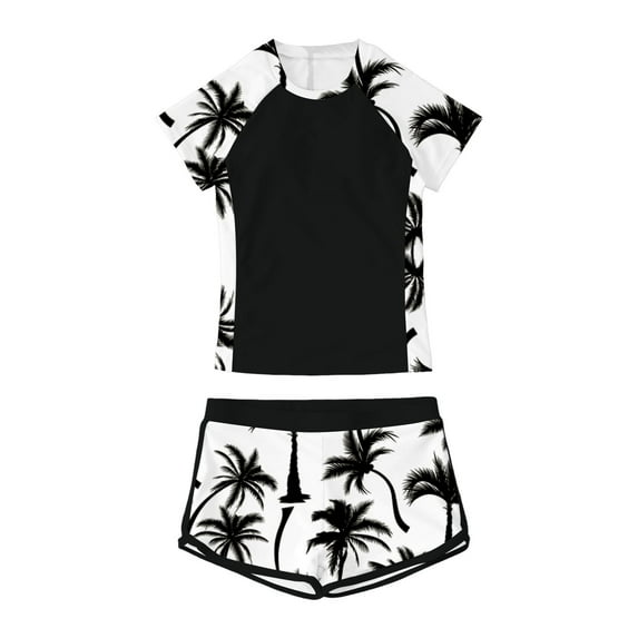 WhouRiu Swimwear Set for Big Girls' Tropical Print Short Sleeve Top with Shorts Two Piece Swimsuit for Beach Pool Black,Size 9-10 Y