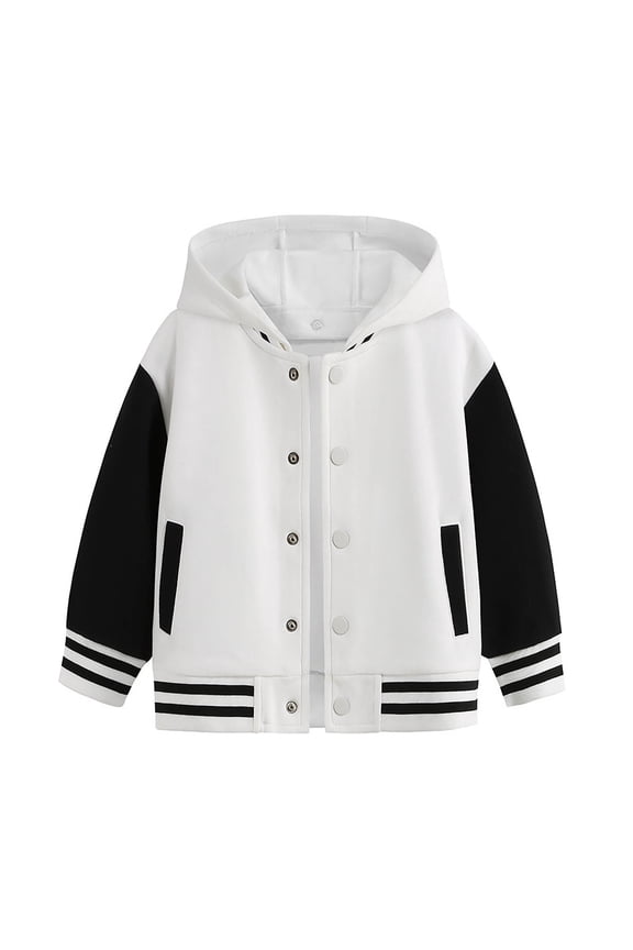Toddler Boy Girl Bomber Jacket Color Block Long Sleeved Hooded Coat Child Cozy School Sports Autumn Jackets White,Sized 4-5