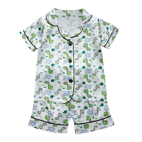 WhouRiu Toddler Boy's Outfits Car Print Short Sleeve Button Shirt Shorts Child Cozy Sleepwear Soft Summer Outfit Set Green,Size 2-3 Y