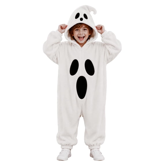 WhouRiu Toddler Boys Girls Halloween Ghost Onesie Fleece Hooded Zip Up Jumpsuit Spooky Novelty Party