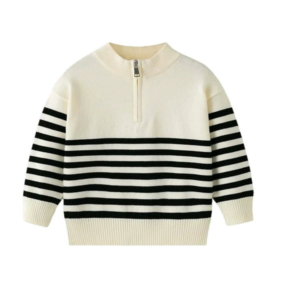 WhouRiu Toddler Boys' Knit Sweater Half Zip Long Sleeve Striped Knit Top Soft Comfy Loose Warm Sweaters Beige,Sized 3-4